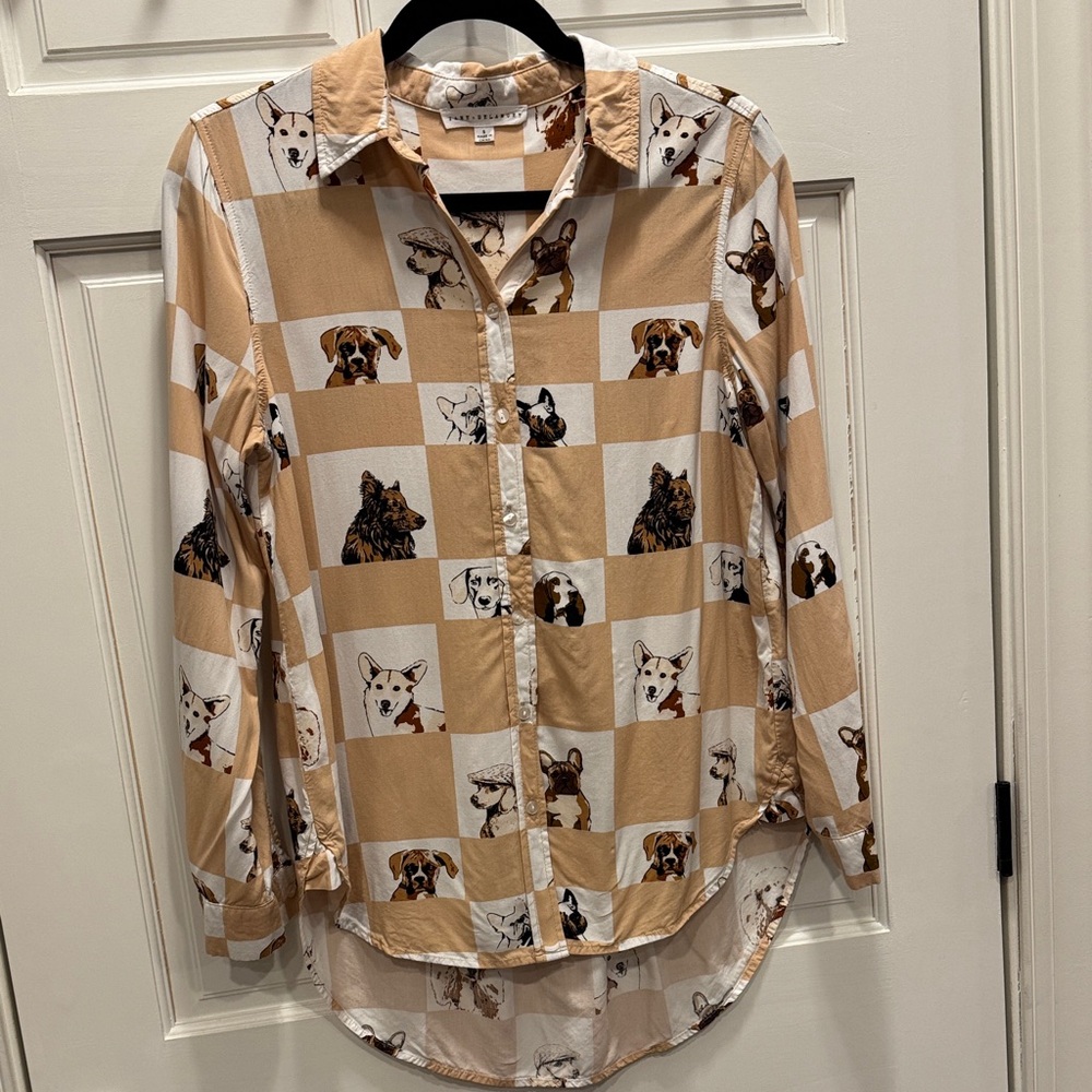 Jane and Delancey Tan and White Button Down Shirt - Picture 2 of 4